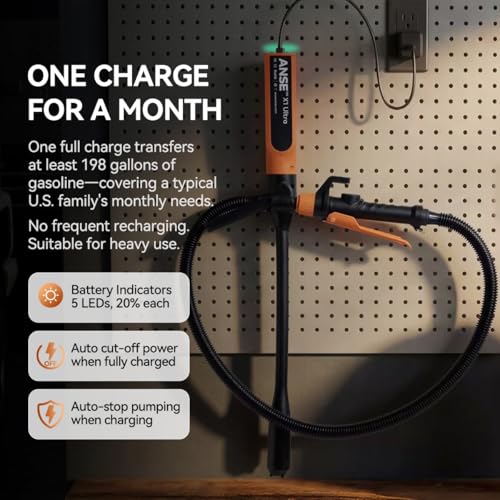 ANSE Rechargeable Fuel Transfer Pump Battery Powered (Model X1 Ultra) | Built-in 6000mAh Battery, USB-C Charge, Patented Waterproof Motor, 90 to 120min Runtime, 2.7GPM