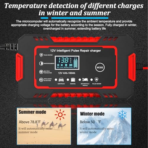 Car Battery Charger, 12V 6A Smart Fully Trickle Vehicle Battery Charger & Desulfator with Temperature Compensation, Portable Automotive Power Maintainer, Universal Fit (Red) - color: Red