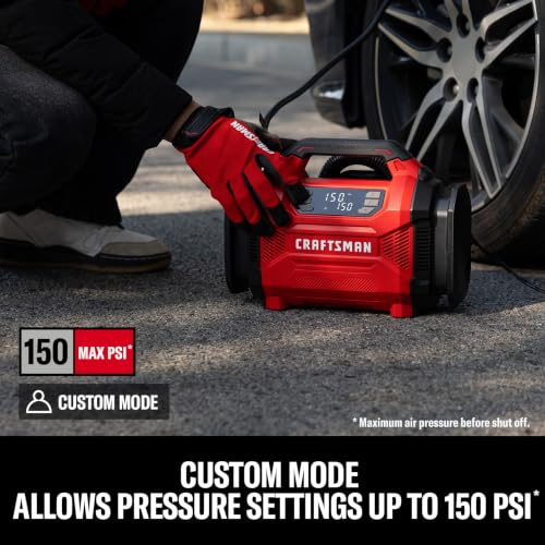 CRAFTSMAN Dual Power Tire Inflator with Digital Gauge & Auto Shut-Off | 12V DC Car Plug and 120V AC Home Use with Up to 150 PSI, LED Light, Portable Air Pump for Car Tires, Bikes and Inflatables