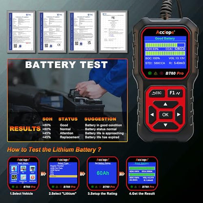 BT60 PRO Car Battery Tester 6V/12V/24V, 2–120Ah, 100–3000 CCA, AGM/Gel/Lithium, Digital Analyzer, QR Cloud Report (No App), Alternator & Starter/Charging System - color: Black-Red