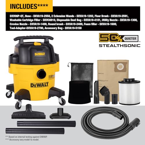 DEWALT STEALTHSONIC Wet Dry Shop Vac 6 Gallon 5 HP, DXV06P-QT | Ultra Quiet Motor with Powerful Suction, Complete Matching Attachment Set for Garage, Workshop, Jobsite and Basement - size: 6 Gallon (1 Dust Bag)