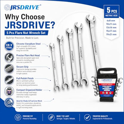 5 Pcs Flare Nut Wrench Set Metric 6x8, 10x11, 13x14, 15x17, 19x21mm CRV Line Wrench Set for Brake Line, Fuel, HVAC & Plumbing | Professional Mechanic Tools & Automotive Wrench Set E-2104