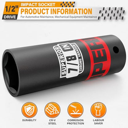 1/2" Drive Impact Socket, 7/8 inch Deep Socket, SAE, 6 Point, CR-V, for Car Repair, Loosen the Fastening Nut - size: 1/2" Drive 7/8 Inch Deep