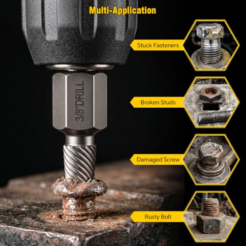15Pcs Screw Extractor Set, Easy Out Bolt Extractor Kit | Removes damaged bolts/screws easily. 15 sizes 1/8-1/2" w/ adapters. Cr-Mo steel, hex multispline for power/hand tools.