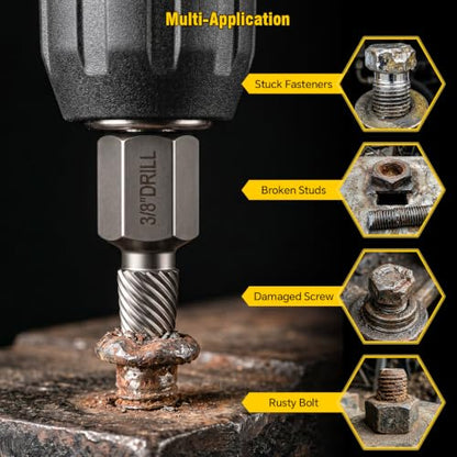 15Pcs Screw Extractor Set, Easy Out Bolt Extractor Kit | Removes damaged bolts/screws easily. 15 sizes 1/8-1/2" w/ adapters. Cr-Mo steel, hex multispline for power/hand tools.