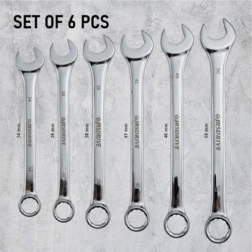 Jumbo Combination Wrench Set, 6 Piece Metric Sizes 34 to 50 MM, Heavy Duty CR-V Steel Construction, Industrial Grade Spanner Kit for Automotive, Workshop & Mechanical Use E-2004J_MM