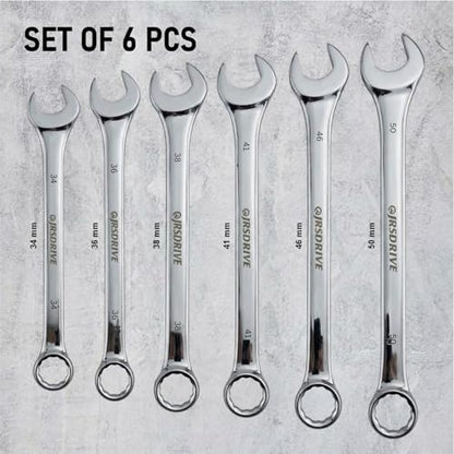 Jumbo Combination Wrench Set, 6 Piece Metric Sizes 34 to 50 MM, Heavy Duty CR-V Steel Construction, Industrial Grade Spanner Kit for Automotive, Workshop & Mechanical Use E-2004J_MM