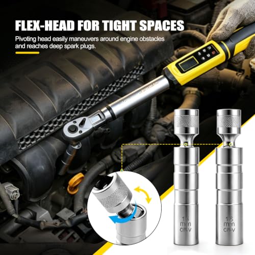 3/8" Drive digital torque wrench with flex head Set (10-100 ft-lb) | Professional Electronic, Buzzer & LED, 14mm/16mm Spark Plug Sockets, Adapters & 2-Stage Extension Bar