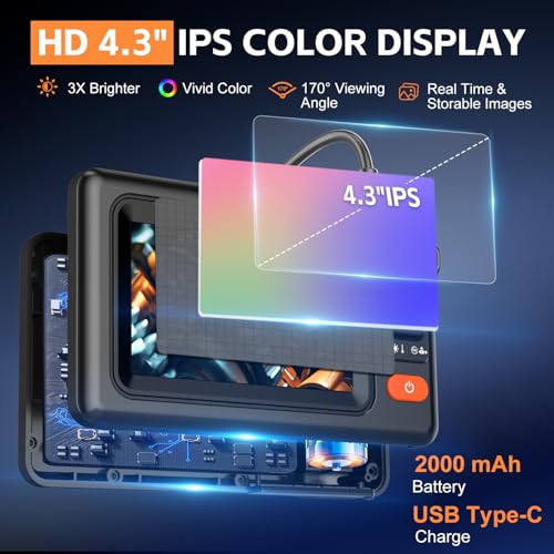 Dual Lens Endoscope Camera with Light, 1920P HD Borescope Camera with 4.3" LCD, 8 Adjustable LEDs, 16.4FT Semi-Rigid Cable & 32GB Card-IP67 Waterproof Inspection Borescope for Sewer/Drain/Pipe(Black)