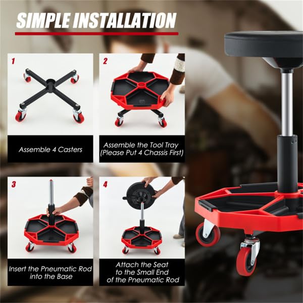 Heavy Duty Rolling Mechanic Stool, Adjustable Height Garage Shop Seat with Tool Tray Storage, 360° Swivel Caster Workshop Stool for Auto Repair, Professional Technician Rolling Work Seat