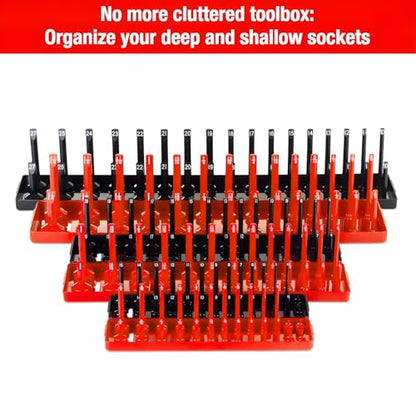 AIUITIO 6PCS Socket Organizer Tray Set, Red SAE & Black Metric Socket Storage Trays, 1/4-Inch, 3/8-Inch & 1/2-Inch Drive Deep and Shallow Socket Holders for Toolboxes