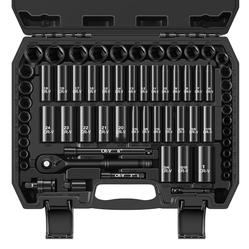 Aloanes 3/8" Drive Impact Socket Set, 64-Piece Deep & Shallow SAE (5/16"-1") & Metric (6mm-24mm) Sockets, 72-Tooth Ratchet Wrench, Universal Joint&Power Drill Adapter&Extension Bars - size: 3/8" 64 PCS SAE & Metric