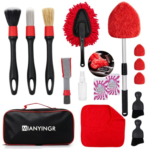 Windshield Cleaner Tool, 17Pcs Red Car Interior Detailing Kit – Stay in Seat, Inside & Out Streak-Free Clean, with Extendable Handle, Cleaning Gels & Brushes for Daily Cleaning, Pet Hair
