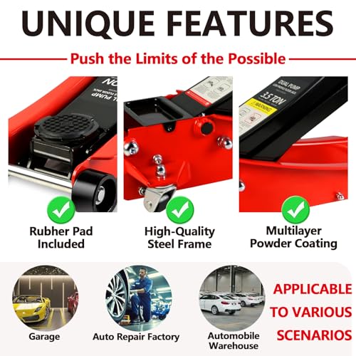 Floor Jack 3.5 Ton, Low Profile Floor Jack, Heavy Duty Steel Racing Jacks with Single Piston Quick Lift Pump, Hydraulic Car Jacks Lifting Range 3.3"-15.2" (3.5 Ton) - size: 3.5 Ton