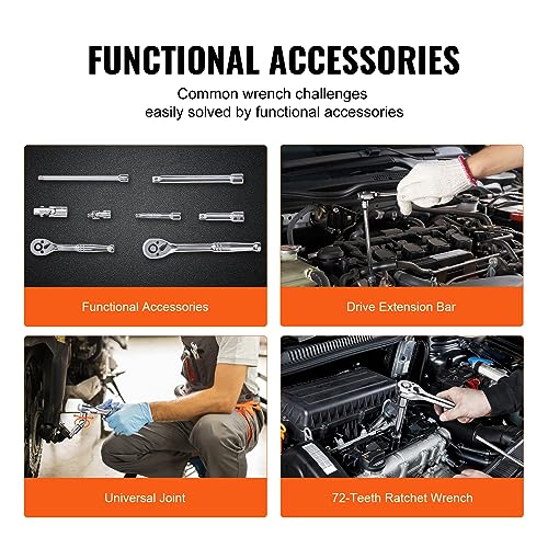 VEVOR Socket Set, 1/4" and 3/8" Drive Socket and Ratchet Set, 6-Point Socket Opening, 106 Pcs Tool Set SAE and Metric, Deep and Standard Sockets, 5/32-1 in, 5-19 mm, with Accessories, Storage Case - size: 1/4"&3/8", style: 106 PCS