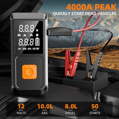 GOLDFOREST Car Battery Jump Starter with Air Compressor 4000A 150PSI, Portable Car Jumper Starter (10L Gas/8L Diesel), 12V Jump Box with Auto-Stop Tire Inflator, 20000mAh, Car Emergency Kit