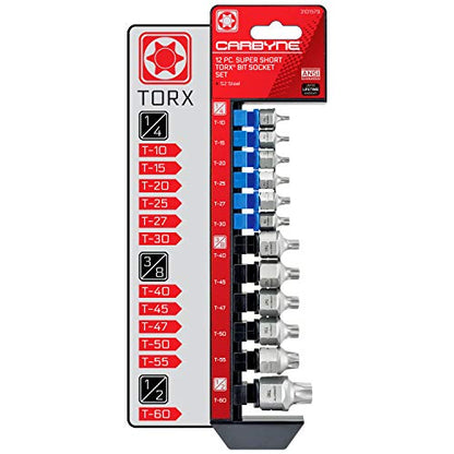 CARBYNE 12-Piece Torx Stubby Low Profile Bit Socket Set, T10 to T60, S2 Steel, Dual Drive Internal Square and External Hex Drive for Tight Confined Spaces, Genuine Licensed Torx - size: Torx
