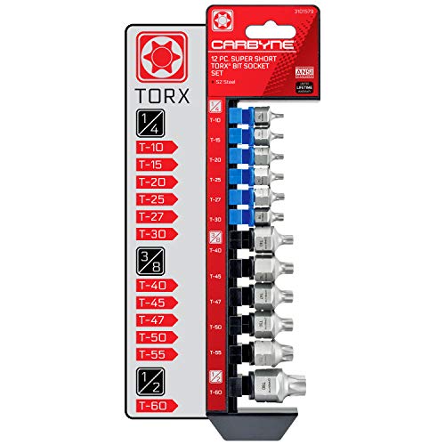 CARBYNE 12-Piece Torx Stubby Low Profile Bit Socket Set, T10 to T60, S2 Steel, Dual Drive Internal Square and External Hex Drive for Tight Confined Spaces, Genuine Licensed Torx - size: Torx