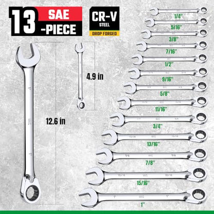 SK Reversible Ratcheting Wrench Set, Combination Wrench Set, 13-Piece, SAE 1/4" to 1", 72-Tooth, Premium CR-V Construction, with Rack Organizer - size: 6.35-25.4 mm