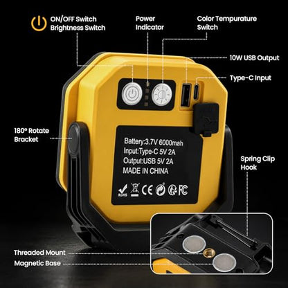 2-Pack 6000mAh Rechargeable LED Work Light, 16Hrs Long-Lasting 1200LM Waterproof Magnetic Job Site Lighting, 180° Rotating 4 Modes 6500K Work Lamp for Car Repair Mechanic Camping Fishing Emergency - color: Yellow