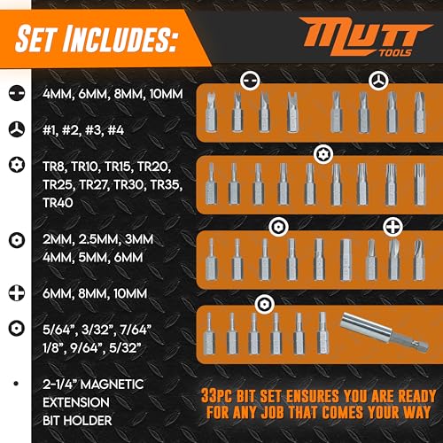 Mutt Tools 33pc Security Bit Set - Complete Torx Security Screwdriver Set with Tamper Proof Bits - Star Bits, Hex, Spanner, Tri-Wing & Torq - Professional Security Torx Bit Set
