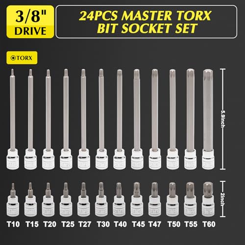 EMENTOL 3/8 Inch Drive Torx Bit Socket Set, Extra Long Star Bit Sockets, 24-Piece, Cr-V and S2 Alloy Steel, T10-T60 - size: 24PCS Extra Long Torx Bit Socket Set (T10-T50)