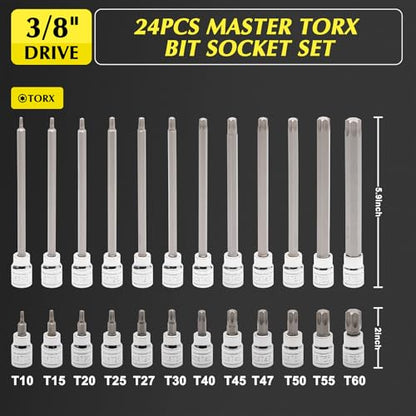 EMENTOL 3/8 Inch Drive Torx Bit Socket Set, Extra Long Star Bit Sockets, 24-Piece, Cr-V and S2 Alloy Steel, T10-T60 - size: 24PCS Extra Long Torx Bit Socket Set (T10-T50)