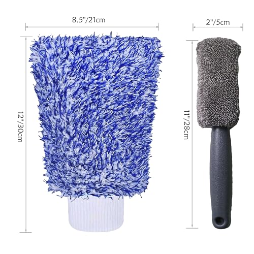 Pro Car Wash Mitt & Brush Kit: 2 Ultra Plush Chenille Mitts & Wheel Brush | Holds 10oz Water, Scratch-Free, Machine Washable | Includes Storage Bag