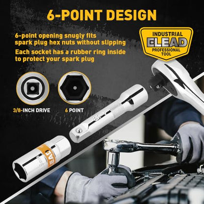 12-Piece 3/8" Drive Spark Plug Socket Set with Ratchet Handle, Universal Joint, Spark Plug Gapper & Extension Bar, 9/16", 5/8", 3/4", 13/16", 14mm, 18mm, CR-V Sockets with Rubber Holding Rings - size: 12-Piece Spark Plug Socket Set
