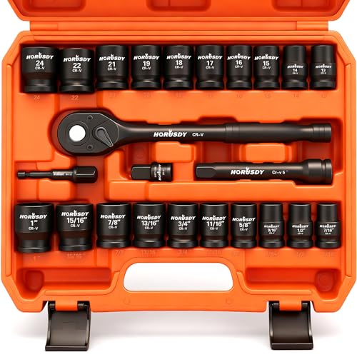 HORUSDY 1/2" Drive Shallow Impact Socket Set, 24-Piece SAE (7/16"-1") and Metric (13-24mm), 6 Point, Cr-V, Includes 1/2-Inch Drive Ratchet Handle, Drive Extension Bar - style: 24PC 1/2" Standard Kit