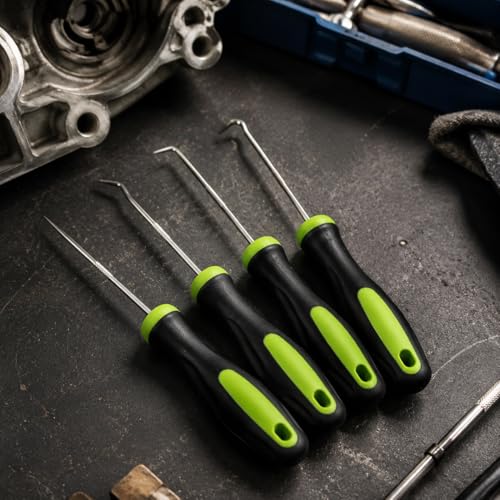 4-Piece Multi-Angle Hook and Pick Set, Precision Automotive Seal Puller & O-Ring Tools with Ergonomic Grip for Oil Seal Removal