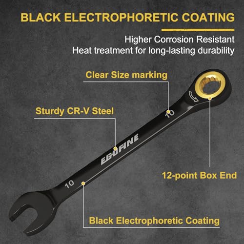 Egofine 10mm Ratchet Wrench, 10mm Wrench Ratcheting Combination Wrenches Metric, Industrial Grade Gear Spanner with 12 Point Box End, 72-Teeth Ratchet Black Electrophoretic Coating,CR-V - style: 10mm