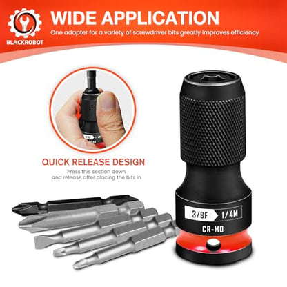 BLACKROBOT Quick Release Impact Bit Holders 3/8-Inch Square Drive to 1/4-Inch Hex Socket Adapter, CR-MO Steel, Red - size: 3/8 Impact Bit Holder-1