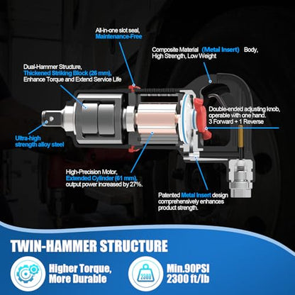 1 Inch Air Impact Wrench, Up to 3000ft-lbs Torque, 5000RPM 1'' Impact Gun | 13.7 lbs Lightweight Pneumatic Impact Wrench with 2 D Handles, 1/2'' Air Inlet for Heavy Duty Repairs - size: 1 Inch | 3000 ft-lbs