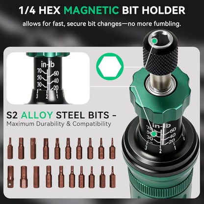 Inch Pound Torque Screwdriver Set, 24 Pcs Professional Precision 1/4” Drive Torque Wrench 10-70 in-lb S2 Bits Adapter for Maintenance Tools Bicycle Repair Scope Mounting DIY Projects, Audible Click - color: Green+black