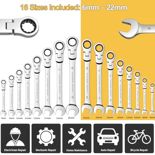 SmarketBuy Ratcheting Wrench Set 16 Pcs, Multifuctional Combination Ended Spanner Kit Metric 6-22MM Chrome Vanadium Steel Flex-Head Ratchet Wrenches with Carrying Bag