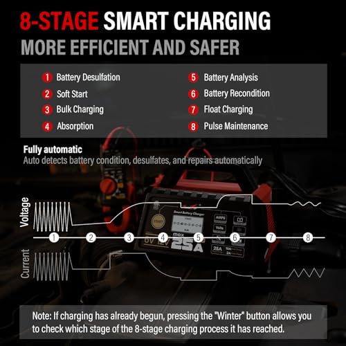 TowerTop 25A Pro+ Battery Charger, 6V/12V Car Battery Charger Fully Automatic Smart Battery Maintainer with Engine Start, Auto Desulfator, Battery Repair, for All Lead-Acid, AGM and LiFePO4 Batteries
