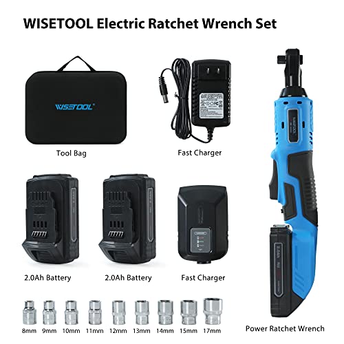 WISETOOL 20V Cordless Electric Ratchet Wrench Set,3/8" Power Ratchet Wrench Kit with 2-Pack 2000mAh Lithium-Ion Batteries,Max Torque 60N.m(44.25 ft-lbs),Variable Speed - size: Cordless Ratchet Wrench