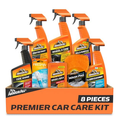 Armor All Premier Car Care Kit, Includes Car Wax & Wash Kit, Glass Cleaner, Car Air Freshener, Tire & Wheel Cleaner (8 Piece Kit) - style: Premier Car Care Kit 8pc