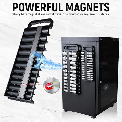 Reniteco Magnetic Socket Organizer Set, 3-Pack, 1/4" 3/8" 1/2" Socket Tray | 76-Socket Capacity, 1/4" 22 Pallets, 3/8" 28 Pallets, 1/2" 26 Pallets, Fits Shallow & Deep Sockets, Sockets Not Included - color: Black