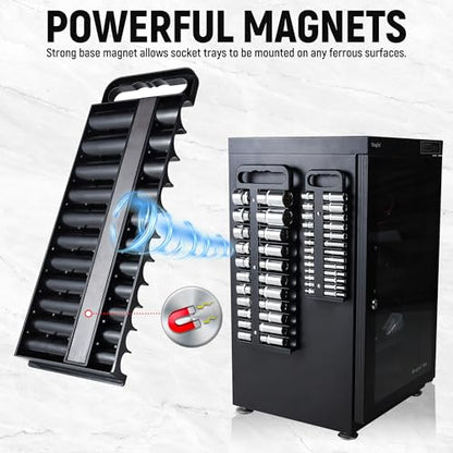 Reniteco Magnetic Socket Organizer Set, 3-Pack, 1/4" 3/8" 1/2" Socket Tray | 76-Socket Capacity, 1/4" 22 Pallets, 3/8" 28 Pallets, 1/2" 26 Pallets, Fits Shallow & Deep Sockets, Sockets Not Included - color: Black