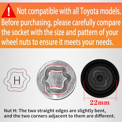 H-Wheel Locking Nut Key Compatible with Toyota, Lexus, Tacoma | Wheel Lock Nut Socket Adapter, Anti-Theft Lug Nut Removal Tool, Anti-Theft Screw Remover, Repair Tool, Tyre Fitting, garage - size: Socket H