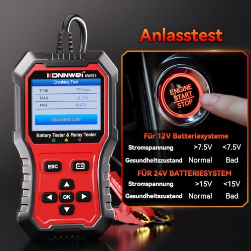 KONNWEI KW371 6V/12V/24V Battery Tester & 4/5Pin Relay Tester 2 in 1 | battery tester automotive with cranking & charging load test, 4/5-pin relay tester, CCA 10-2000, No batteries required. - size: 7.68*3.74*2.17 inch
