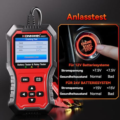 KONNWEI KW371 6V/12V/24V Battery Tester & 4/5Pin Relay Tester 2 in 1 | battery tester automotive with cranking & charging load test, 4/5-pin relay tester, CCA 10-2000, No batteries required. - size: 7.68*3.74*2.17 inch