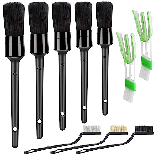 HMPLL 10pcs Detailing Brush Set, Multi-Purpose Car Detailing Brushes for Cleaning Car Interior, Exterior, Engine, Leather, Including 5 car Cleaning Brush, 3 Wire Brush, 2 Air Vent Brush,Black - color: black-10pcs