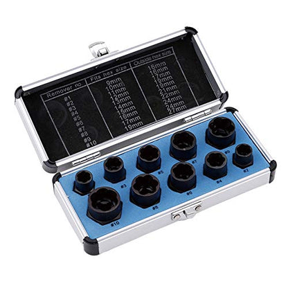 10Pcs Nut Remover,9-19mm Impact Nut Extractor Set,Nut Extractor Socket, Bolt Remover Tool Set,Drive Socket kit,Locking Socket Tools Kit (Hight Set)