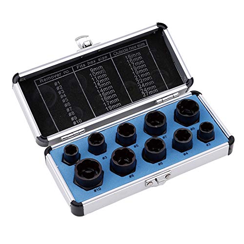 10Pcs Nut Remover,9-19mm Impact Nut Extractor Set,Nut Extractor Socket, Bolt Remover Tool Set,Drive Socket kit,Locking Socket Tools Kit (Hight Set)