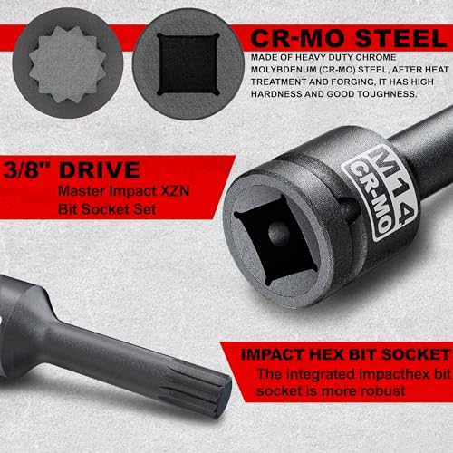 3/8" Drive Master Impact XZN Bit Socket Set, 7-Pieces: M5 - M14, Cr-Mo Steel, Heavy Duty Storage Case - size: 3/8" XZN