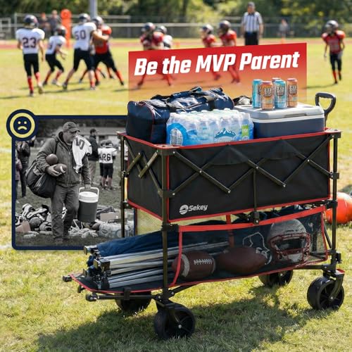 Sekey 500LBS Heavy Duty Double Decker Wagon with Extender, 400L Large Capacity Collapsible Garden Cart Fits 10x10 Canopy, All-Terrain Big Wheels with Brakes, Foldable Utility Wagon for Sports, Camping - color: Red