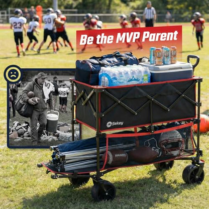 Sekey 500LBS Heavy Duty Double Decker Wagon with Extender, 400L Large Capacity Collapsible Garden Cart Fits 10x10 Canopy, All-Terrain Big Wheels with Brakes, Foldable Utility Wagon for Sports, Camping - color: Red